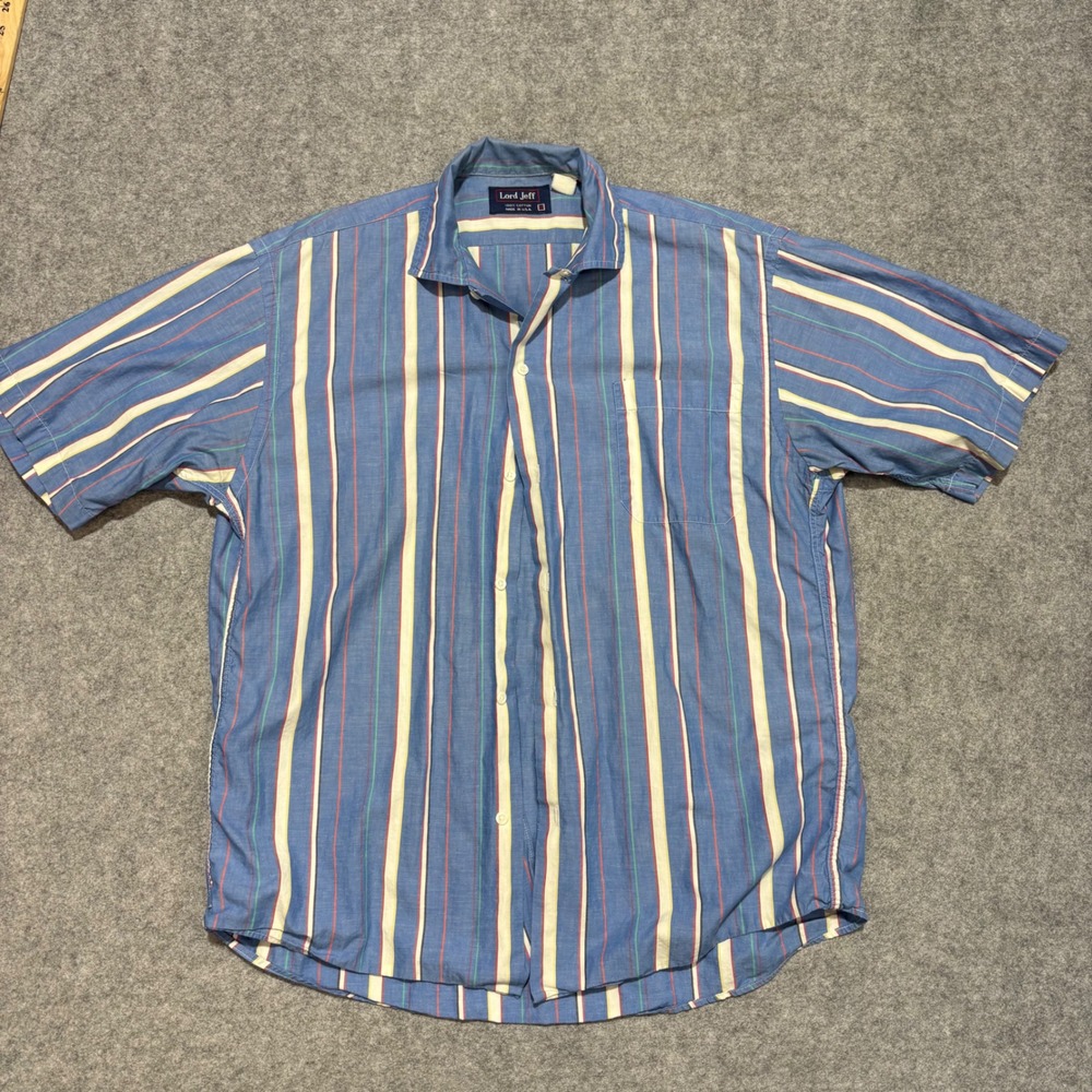 Lord Jeff Mens Blue Multi Stripe Short Sleeve Button Up Shirt Made in USA Medium